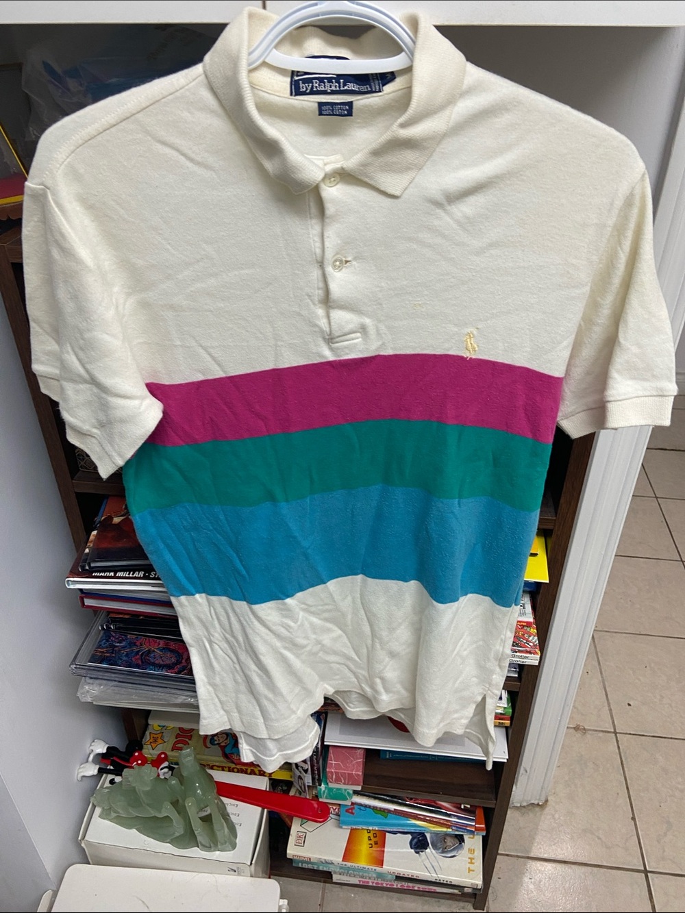 Vintage Ralph Lauren Polo in Cream with Pink, Teal & Blue Stripes